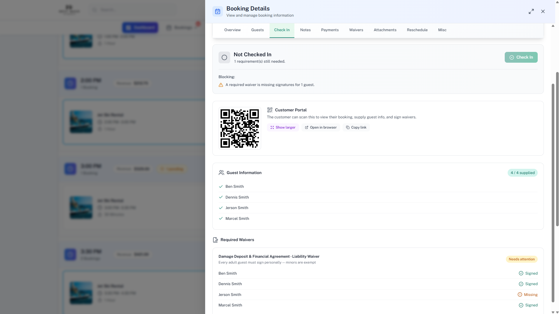 Resytech check-in screen listing four guests with their individual waiver status (three signed, one still missing) beside a scannable customer-portal QR code