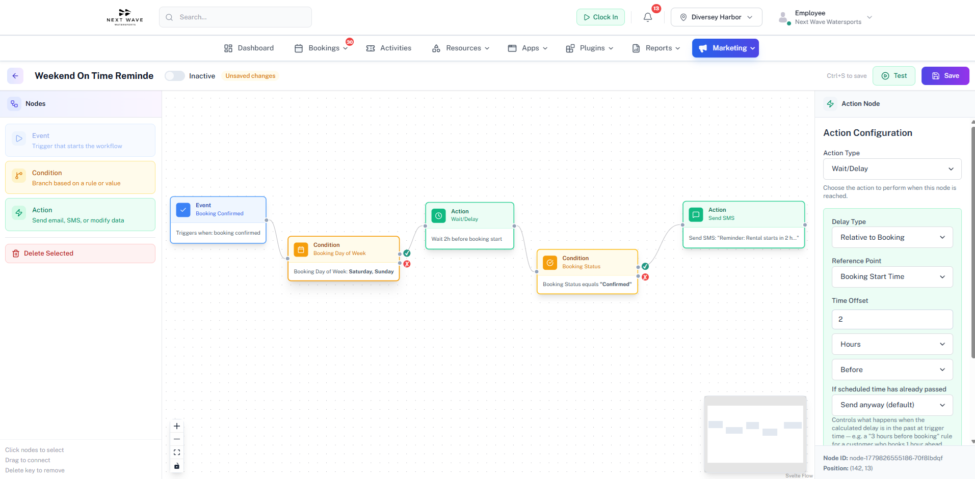 Resytech workflow builder configured to send a weekend-only SMS reminder two hours before each booking